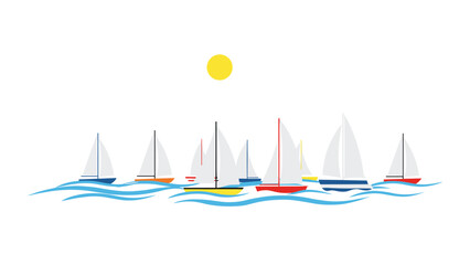 Colorful illustration of a vibrant sailboat fleet navigating calm blue waters under a clear sky with a bright yellow sun, conveying peaceful marine life.