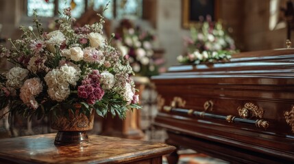 Medium shot of a traditional wooden casket arrangement in a serene chapel setting with subtle decorative elements that enhance the natural beauty of the wood materials