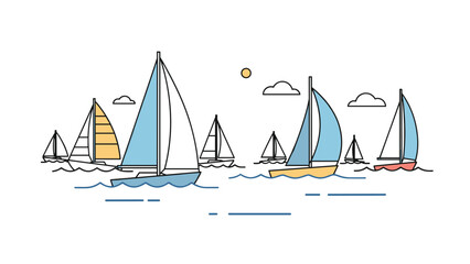 Lively sailing regatta illustration featuring several sailboats cruising gracefully on the water under a bright sun and fluffy clouds, perfect for summer themes.