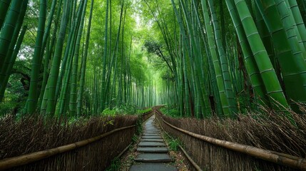 Fototapeta premium Bamboo forest path, tall green bamboo stalks, soft filtered light, peaceful walkway, asian travel and wellness concept, vertical lines, depth of field 