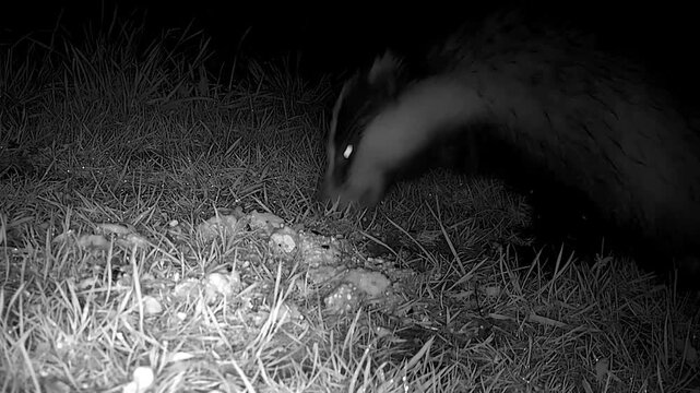 European  badger  close  up  at  night  foraging  in the  grass  making  sounds 