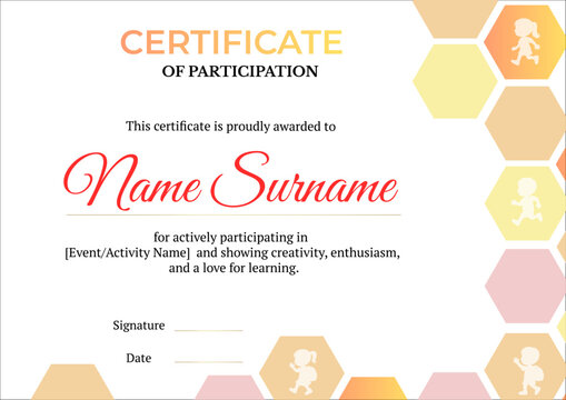 Colorful certificate with honeycomb border ideal for kids&rsquo; events and participation