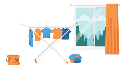 Freshly washed clothes drying on a portable rack indoors, beside a bright window with a view of greenery, creating a peaceful domestic scene.