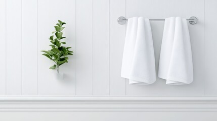 A serene spa ambiance is created by fluffy white towels hanging next to a lush green plant, reflecting cleanliness and relaxation in a tranquil environment.