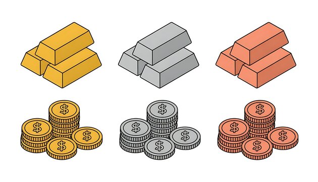 Isometric illustration of gold silver and copper bars with corresponding coins