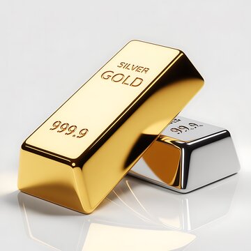 A gleaming 9999 purity fineness gold bar and silver bar resting on a reflective surface