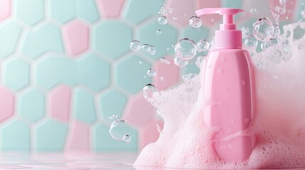A pink body wash bottle emerges from bubbles, set against a stylish pastel background; perfect for beauty and skincare advertising campaigns and imagery.