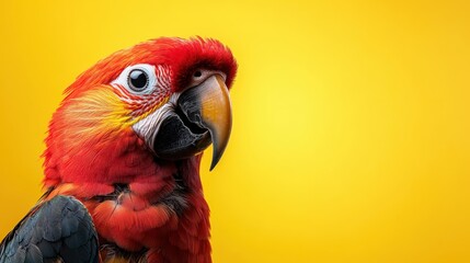 A beautifully detailed scarlet macaw poses against a bright yellow backdrop, emphasizing its vibrant colors and captivating presence, reflecting the beauty of wildlife.