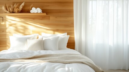 A tranquil bedroom featuring soft pillows and natural light streaming through sheer curtains, creating a serene environment ideal for relaxation and restful sleep.