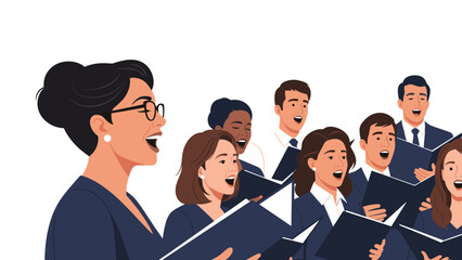 Diverse group of enthusiastic individuals joyfully singing together in a choir, led by a female conductor with glasses, holding sheet music.