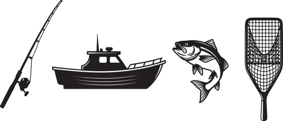 Fishing gear and boat on white background
