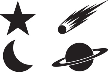 Illustration of space objects including shooting star moon planet star and comet