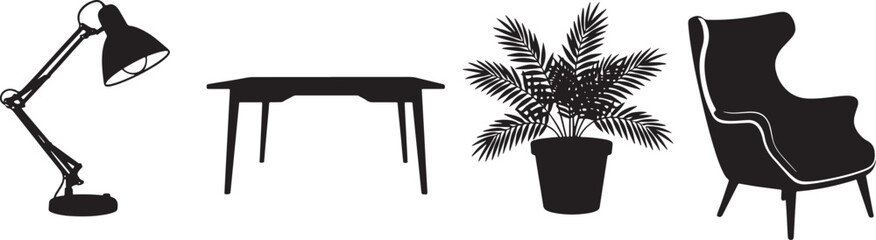 Minimalist Home Office Desk Lamp Plant and Chair Illustration