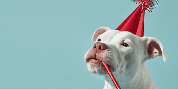 White Dog with Red Party Hat and Noisemaker Against Turquoise Background