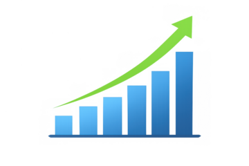 Business growth bar chart with rising arrow showing successful increasing financial progress on transparent background