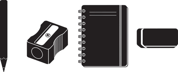 Stationery Supplies Icons Collection with Pencil Eraser Notebook and Sharpener.eps