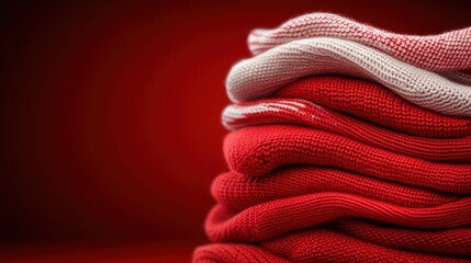 A visually pleasing stack of red and white knit sweaters sits against a vibrant red backdrop, showcasing texture and color harmony in a warm clothing display.