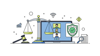 Modern legal concept illustration depicting a justice balance scale, a gavel, and a laptop with a video conference, representing online justice and digital law.