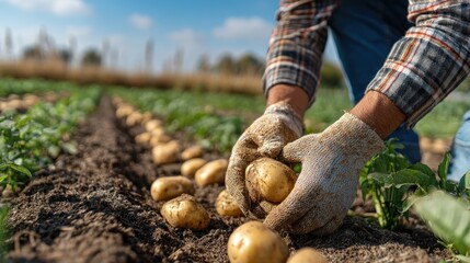 Farmer harvesting potatoes in field