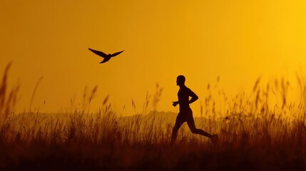 Silhouette runner sunset field