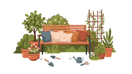 Inviting garden bench adorned with colorful pillows, nestled amidst an array of potted plants and essential gardening tools, creating a serene outdoor oasis.