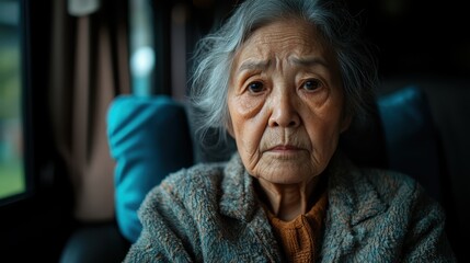 An elderly woman with a contemplative expression sits indoors, lost in thought, her wise gaze and wrinkles capturing a lifetime of experiences and profound emotions.