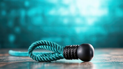 A close-up of a beautifully knotted decorative rope loop with a smooth round bead, showcasing texture and color against a blurred aqua background.