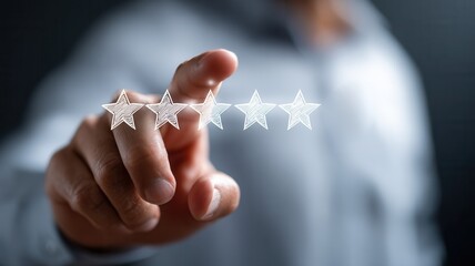 Person evaluating customer experience online, giving a four star rating quality service for satisfaction