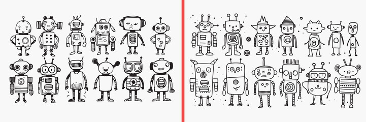 cute robot illustration, robot doodle vector, hand drawn robot set, kids robot cartoon, kawaii robot characters, robot line art, playful robot icons, robot sketch drawing, cartoon robot bundle, robot 