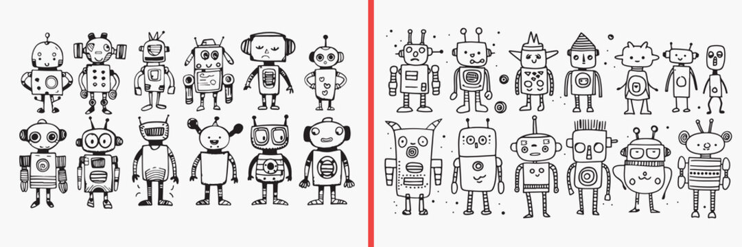 cute robot illustration, robot doodle vector, hand drawn robot set, kids robot cartoon, kawaii robot characters, robot line art, playful robot icons, robot sketch drawing, cartoon robot bundle, robot 