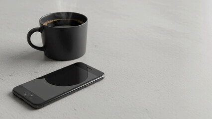 Minimalist workspace with smartphone and coffee on stone desk