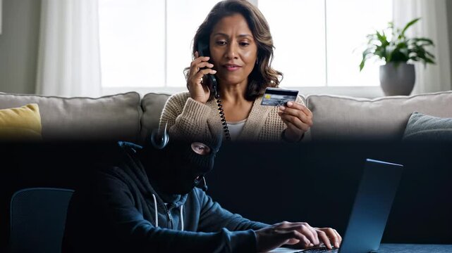  African-American woman holding credit card and talking on phone with scammer at home, senior female victim of online crime, cyber fraud and internet financial scam concept