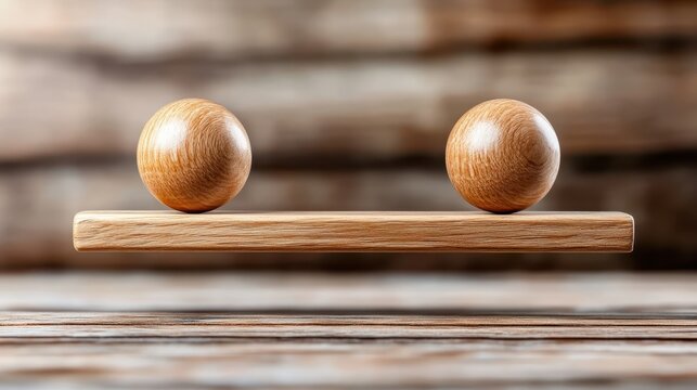 Two wooden balls perfectly balanced on a minimalist wooden bar symbolize harmony and equilibrium in design, reflecting principles of stability and simplicity in decor.