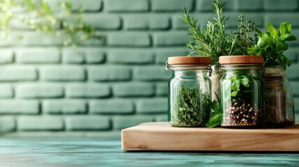 A collection of vibrant fresh herbs stored in glass jars, beautifully displayed on a kitchen countertop, embodying a sense of freshness and the culinary essence of home cooking.
