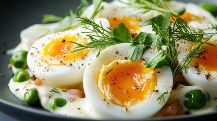 This visually appealing dish features perfectly soft boiled eggs, vibrant green peas, and fresh herbs, creating a delightful combination of flavors and colors.