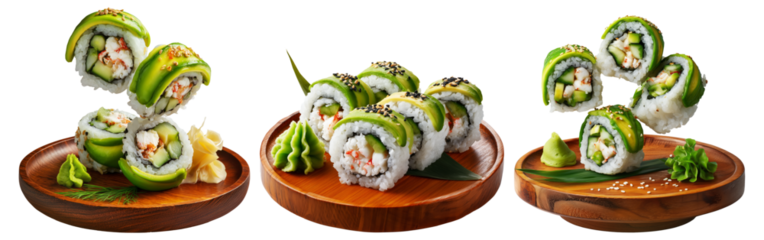 California sushi rolls with crab, avocado, cucumber, and seaweed topping on wooden plate, isolated on white background