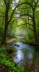 Fototapeta premium Tranquil Forest Stream - A Serene Journey Through Natures Embrace.