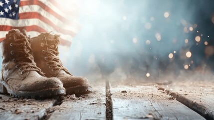 This striking image features worn military boots resting on a rustic wooden floor, symbolizing bravery and sacrifice, with an American flag in the background evoking patriotism and honor.