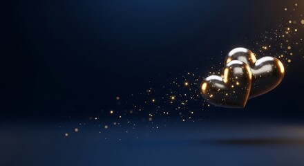 Floating gold 3D hearts on dark blue background with negative space for dating app