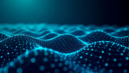 Abstract teal data wave with connected nodes. Modern technology background.