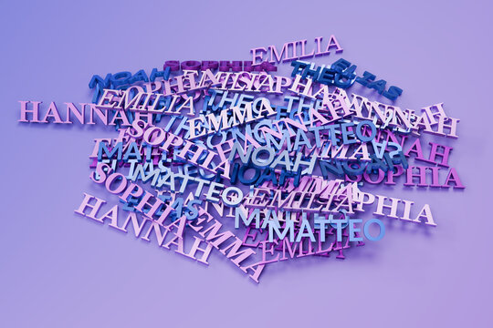 The four male and female favourite first names for newborns in Germany 2025 on a heap: Sophia, Emma, Emilia, Hannah, Noah, Matteo, Elias, Theo