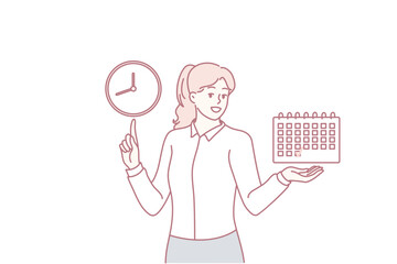Smiling businesswoman hold finished schedule point at clock. Happy woman employee with good time management skills finish tasks on plan. Vector illustration.