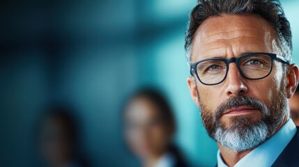 Obraz premium This intense close-up of a distinguished man in glasses captures an air of authority, professionalism, and depth, evoking trust and respect in a corporate environment.