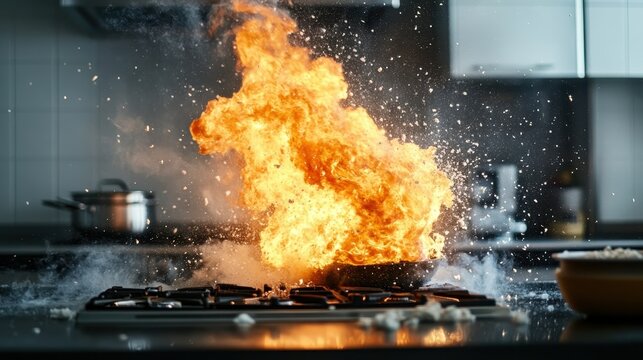 A dramatic scene unfolds in a kitchen as flames erupt violently from a pan, illustrating the dangers of cooking and improper kitchen safety practices in vivid detail.