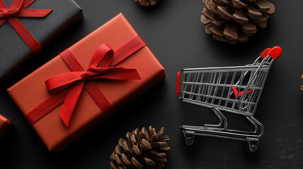 Dark background top view of black friday decorations with shopping cart gift box and bag