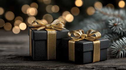 Festive retail banner with black gift boxes golden bows fir branches and bokeh lights
