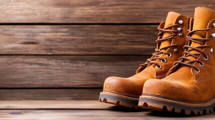 A pair of stylish brown boots is placed on a backdrop of rustic wooden planks, showcasing their texture and craftsmanship, evoking a sense of adventure and durability.