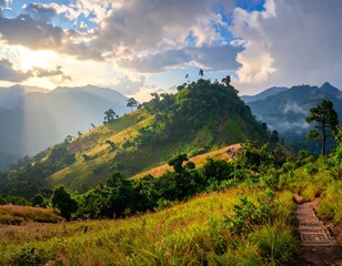 A vibrant mountain scene bathed in sunlight, with a winding path leading to a hilltop, under a dramatic, cloudy sky