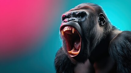A powerful close-up of a roaring gorilla with expressive features, showcasing the primal strength and intensity of wildlife against a vibrant, artistic backdrop.