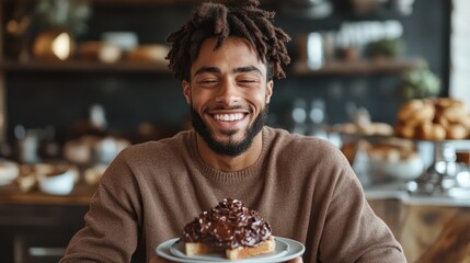 A joyful man with a big smile holding a plate of delicious chocolate dessert, representing happiness and indulgence in a cozy café environment.